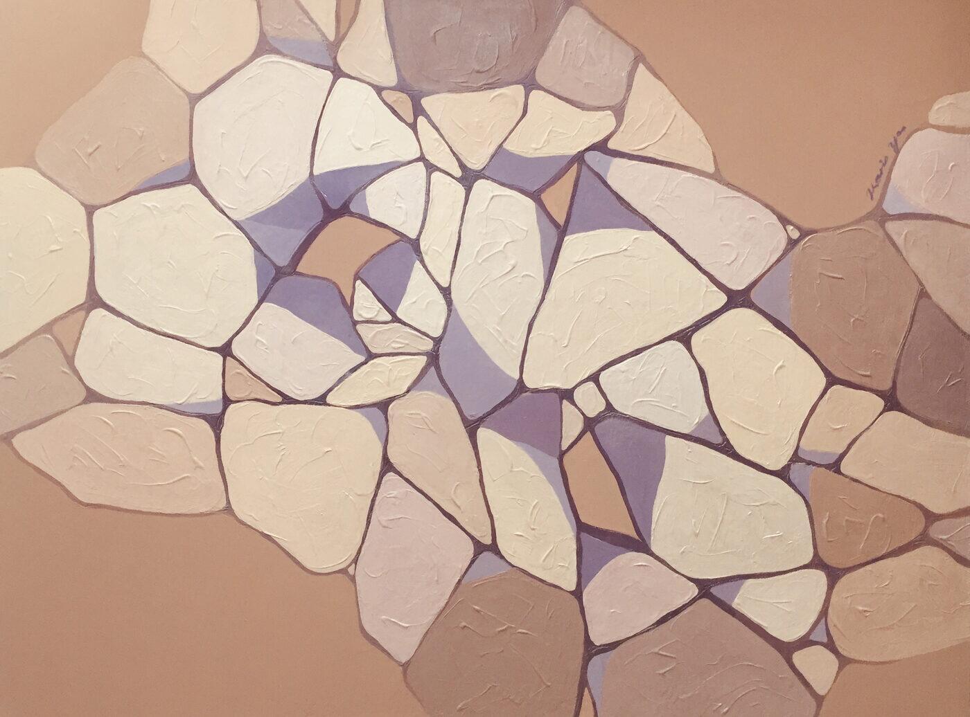 Breakthrough, 2020 — pale stone-like forms in cream and blush with impasto texture, separated by violet-brown seams over a warm tan ground